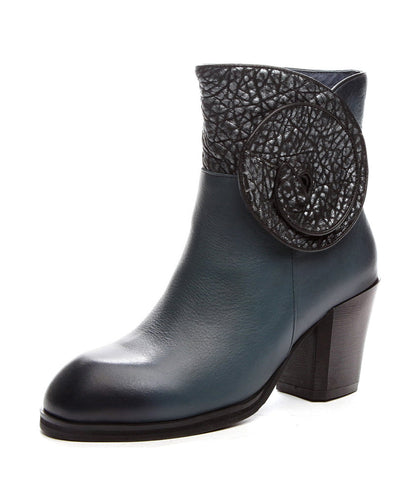 Blue Boots Chunky Cowhide Leather Zippered Splicing