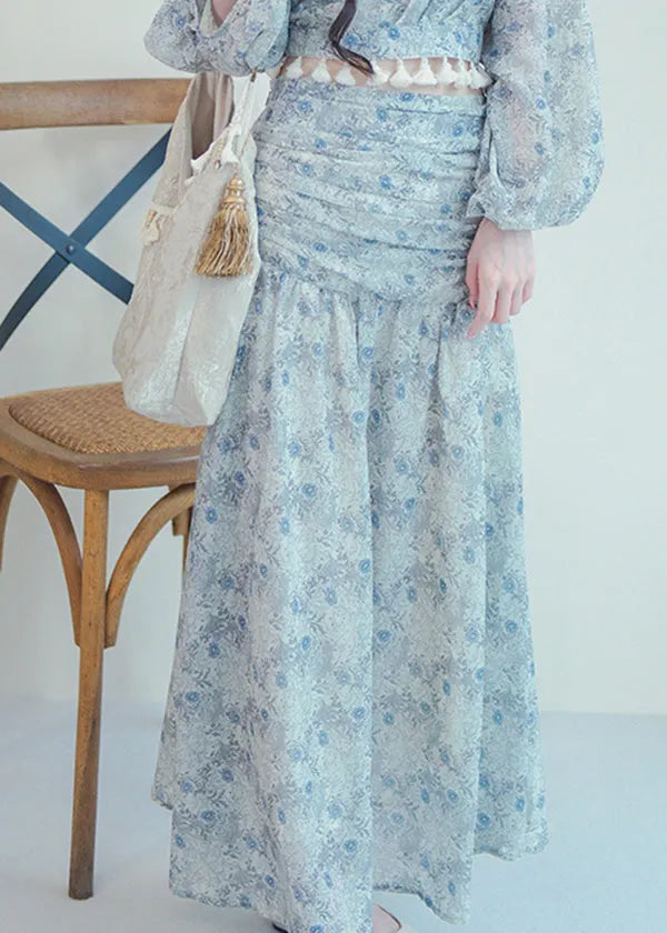 Blue V Neck Print Top and Skirts Two-piece Set Fall