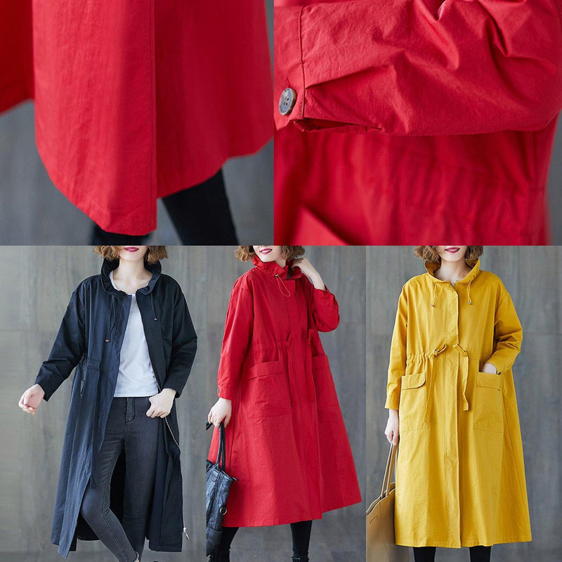 Fall Navy Ruffled Drawstring Zippered Coats