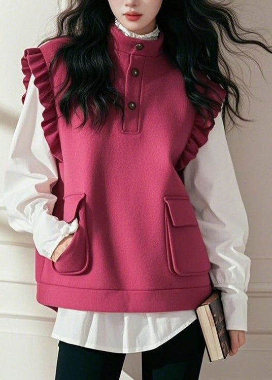 Rose Stand Collar Ruffled Patchwork Cotton Vest Top Sleeveless