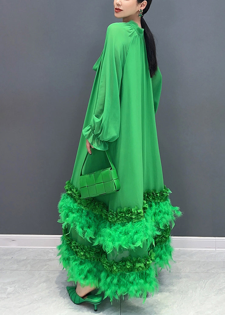 Green Bow Patchwork Tassel Chiffon Long Dresses Fall