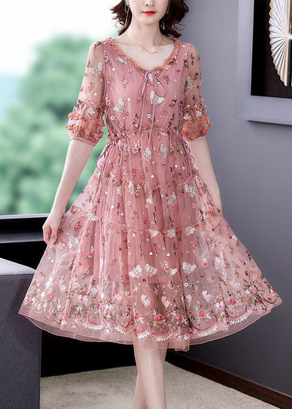 Pink Ruffled Embroidered Exra Large Hem Tulle Cinched Dress Summer