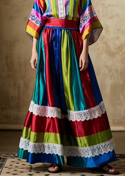 Striped Patchwork Exra Large Hem Silk Skirts Spring