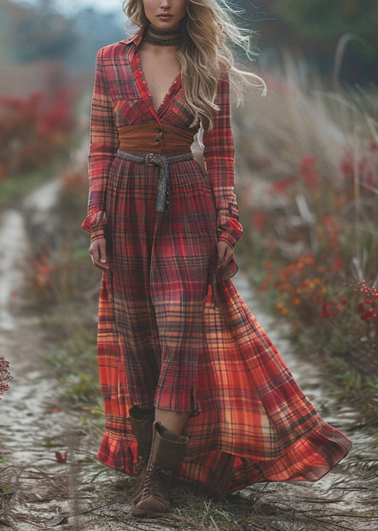 Pastoral Style Plaid Maxi Dress Long Sleeve