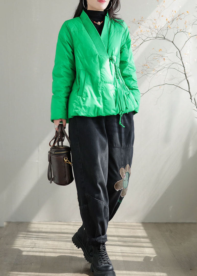 Green V Neck Pockets Duck Down Jackets Winter