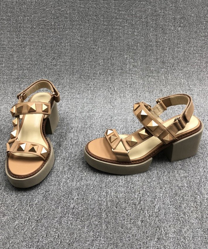 Camel Rivet Chunky Cowhide Leather Sandals