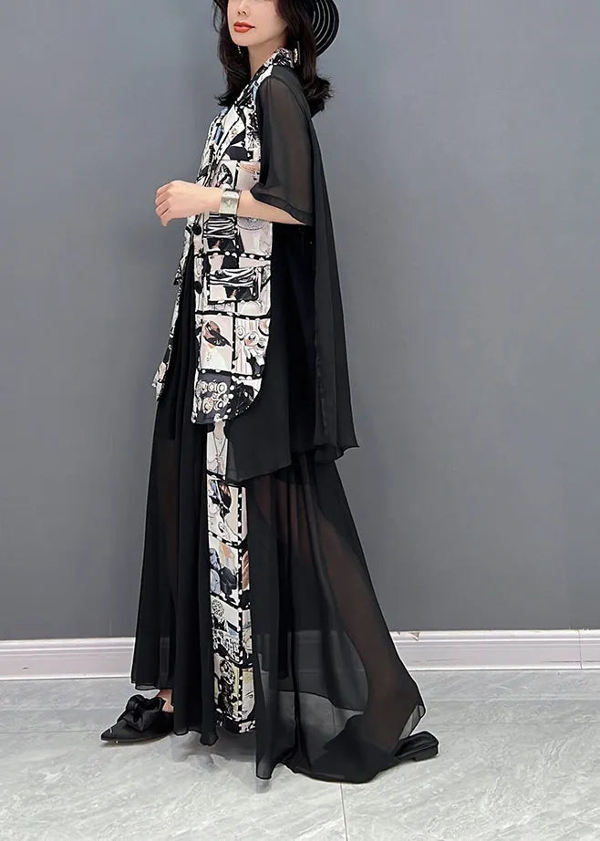 Black Notched Print Patchwork Chiffon Coats and Skirts Two Pieces Set Fall