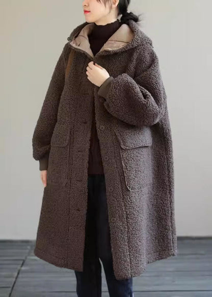 Coffee Hooded Button Faux Fur Winter Coat
