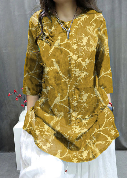 Handmade Green O-neck Print Button Top Summer