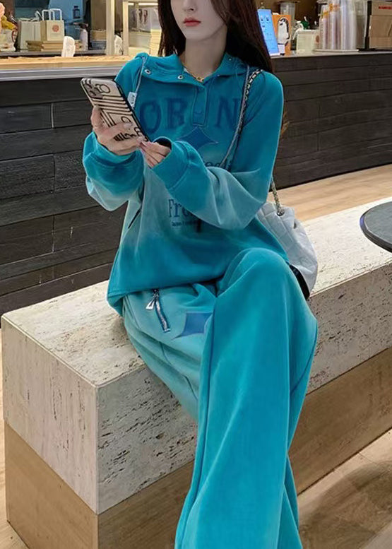 Blue Letter Sweatshirt and Pants Warm Fleece Two Pieces Set Hooded