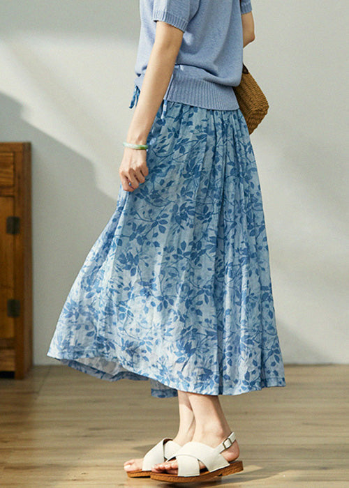 Blue Print Lace Up Elastic Waist Cotton Skirt Spring