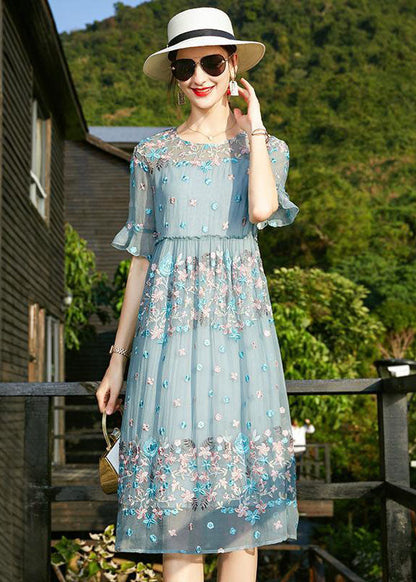 Blue O-neck Embroidered Ruffled Silk Vacation Dresses Short Sleeve