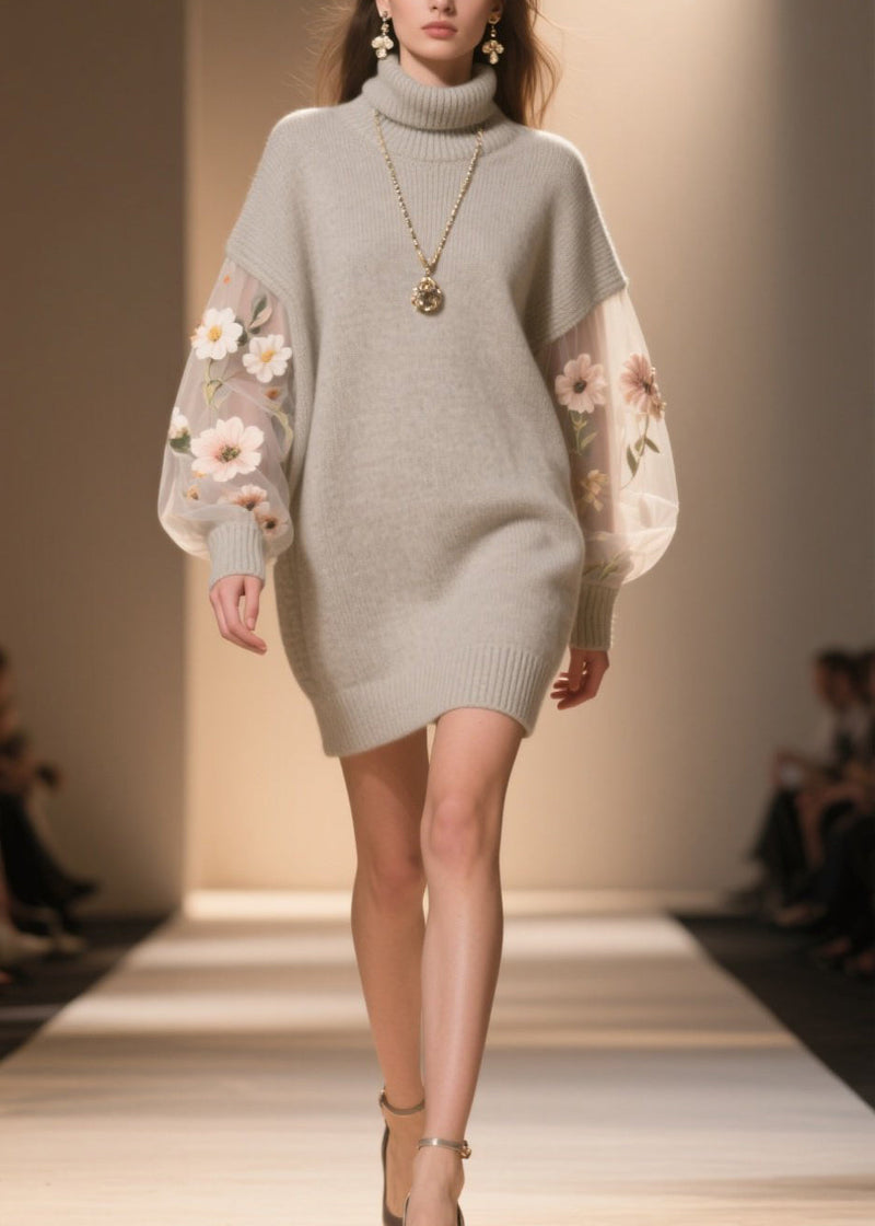 Hign Neck Tulle Patchwork Knit Sweater Dress Winter