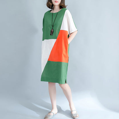 Fine Green Midi Linen Dresses Clothing Shirt Dress O Neck Patchwork Linen Dresses