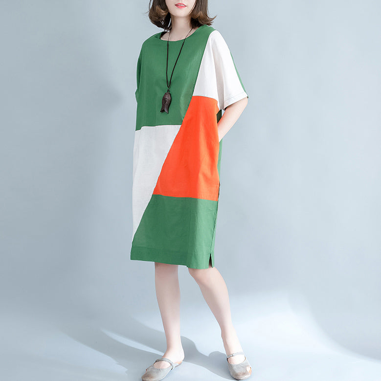Fine Green Midi Linen Dresses Clothing Shirt Dress O Neck Patchwork Linen Dresses