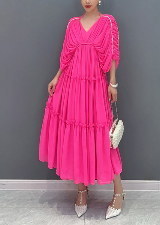 Rose Ruffled Wrinkled Chiffon Long Dresses Half Sleeve