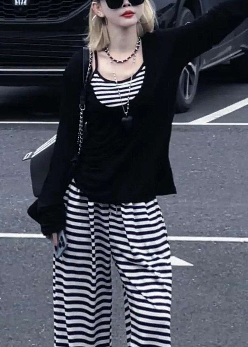 Striped Black Tops and Wide Leg Pants Cotton Three-piece Set Fall