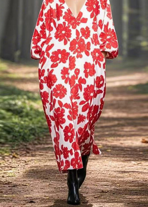 Red V Neck Print Pockets Silk Long Dresses Spring