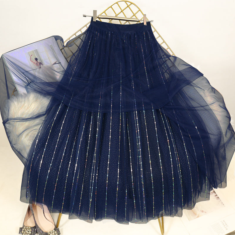 Loose Blue Sequins Tulle Pleated Skirt Summer