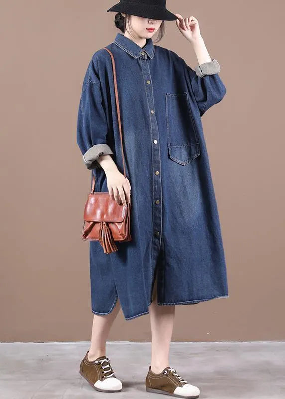 100% Lapel Patchwork Outfit Ideas Denim Blue Long Dress