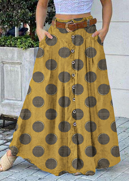 Yellow Polka Dots Bottom Front Loose Long Skirt With Pocket