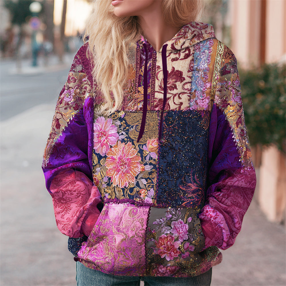 Boho Floral Patchwork Pattern Women's Hooded Sweatshirt elevenforest