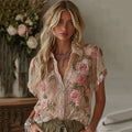 Women's Vintage Floral Art Linen Button Down Short Sleeve Shirt elevenforest