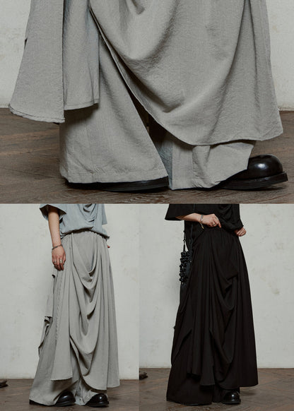 Stylish Grey Wrinkled Pockets Cotton Pants Skirt Summer