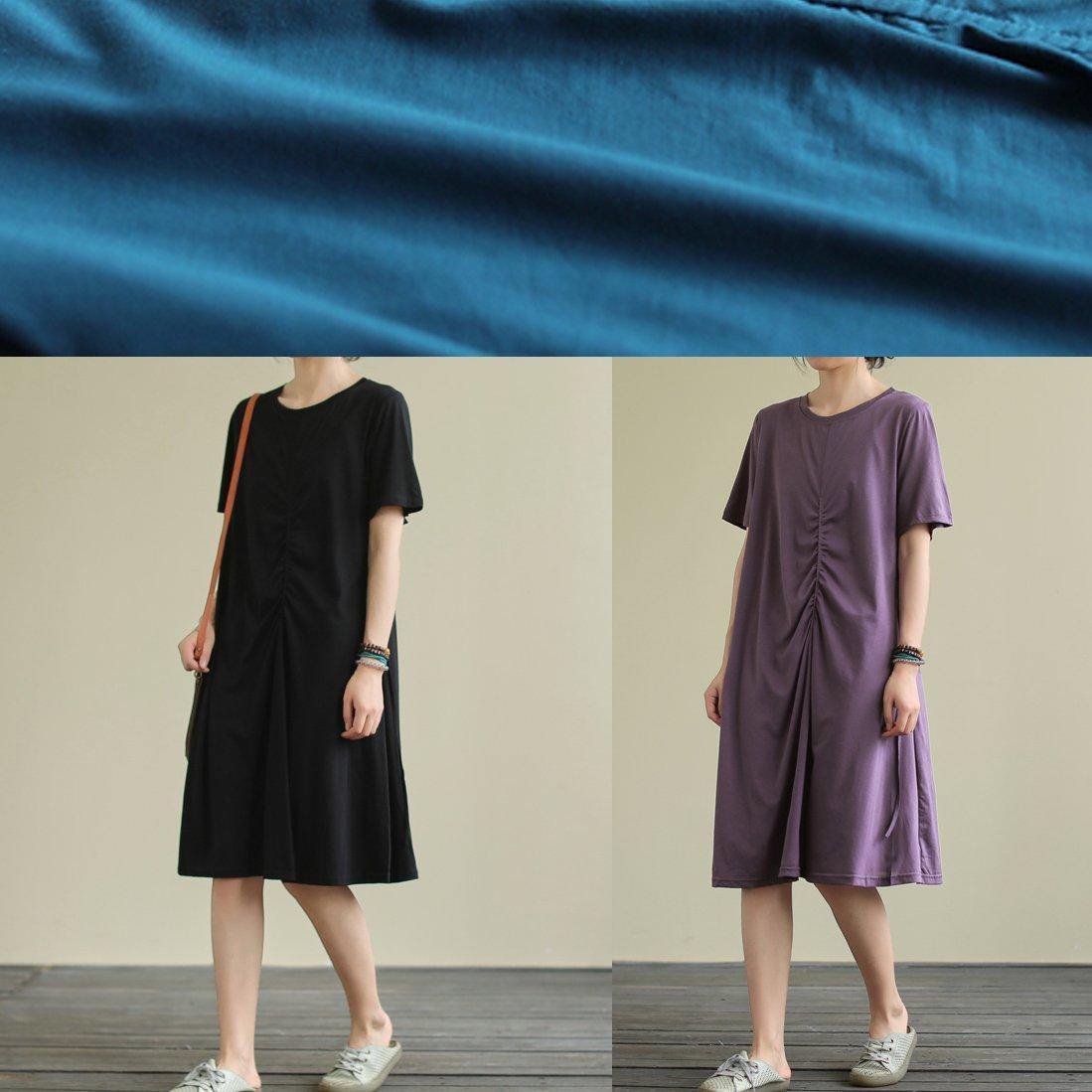 O Neck Cinched Cotton Summer Dress Sewing Blue Dresses
