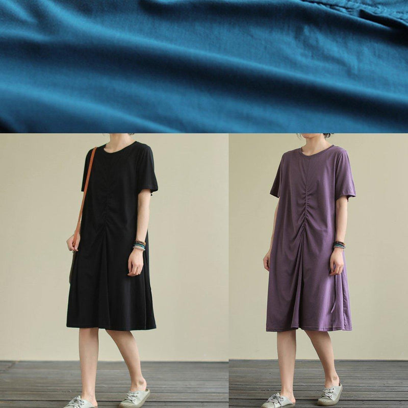 O Neck Cinched Cotton Summer Dress Sewing Blue Dresses