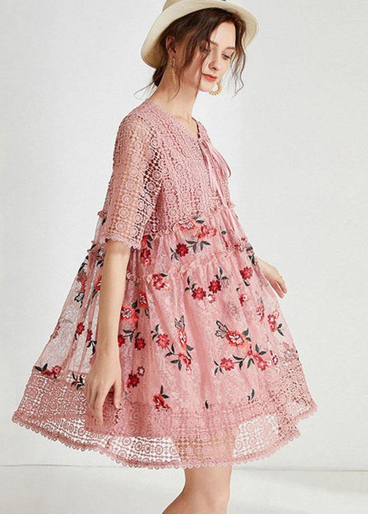 Pink Hollow Out Embroideried Summer Mid Dress Half Sleeve