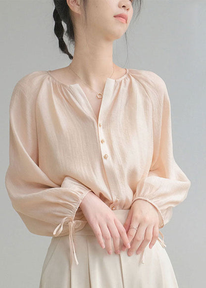 Modern Apricot V Neck Chiffon Top Long Sleeve