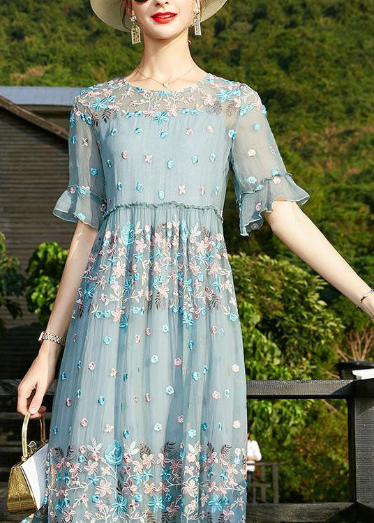 Blue O-neck Embroidered Ruffled Silk Vacation Dresses Short Sleeve