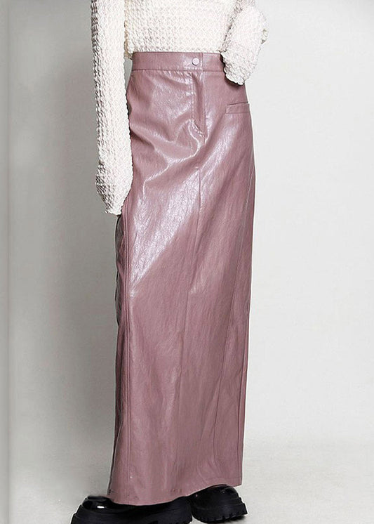 Pink Side Open High Waist Faux Leather Skirt Spring