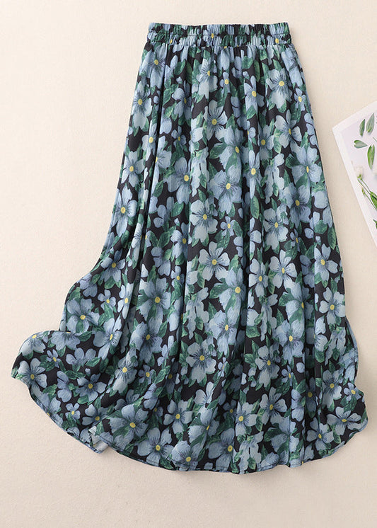 Blue Print Elastic Waist Cotton Skirts Summer