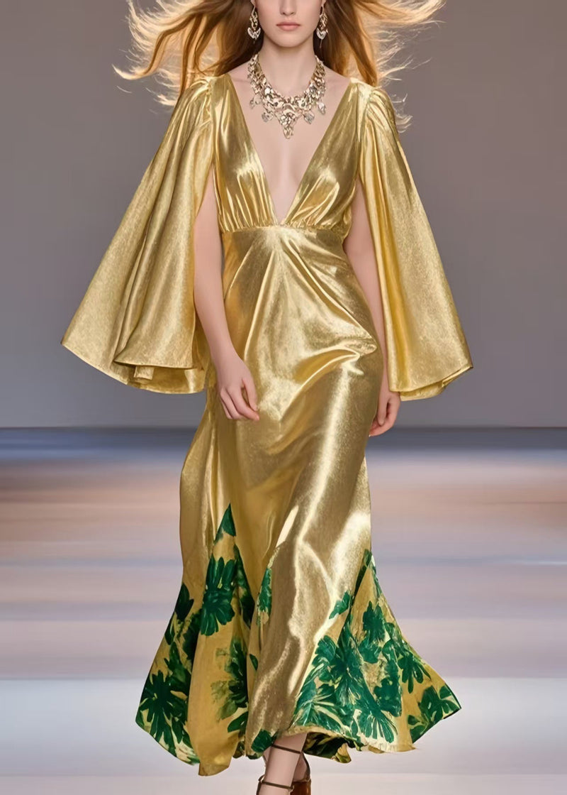 Yellow Deep-v Neck Print Silk Party Dress Cloak Sleeves