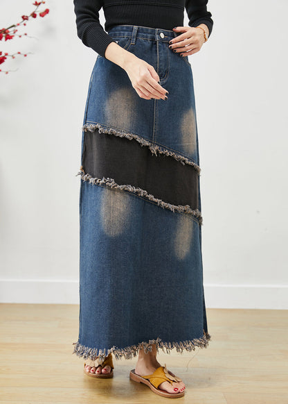 Blue Tasseled Patchwork Denim Skirt Fall
