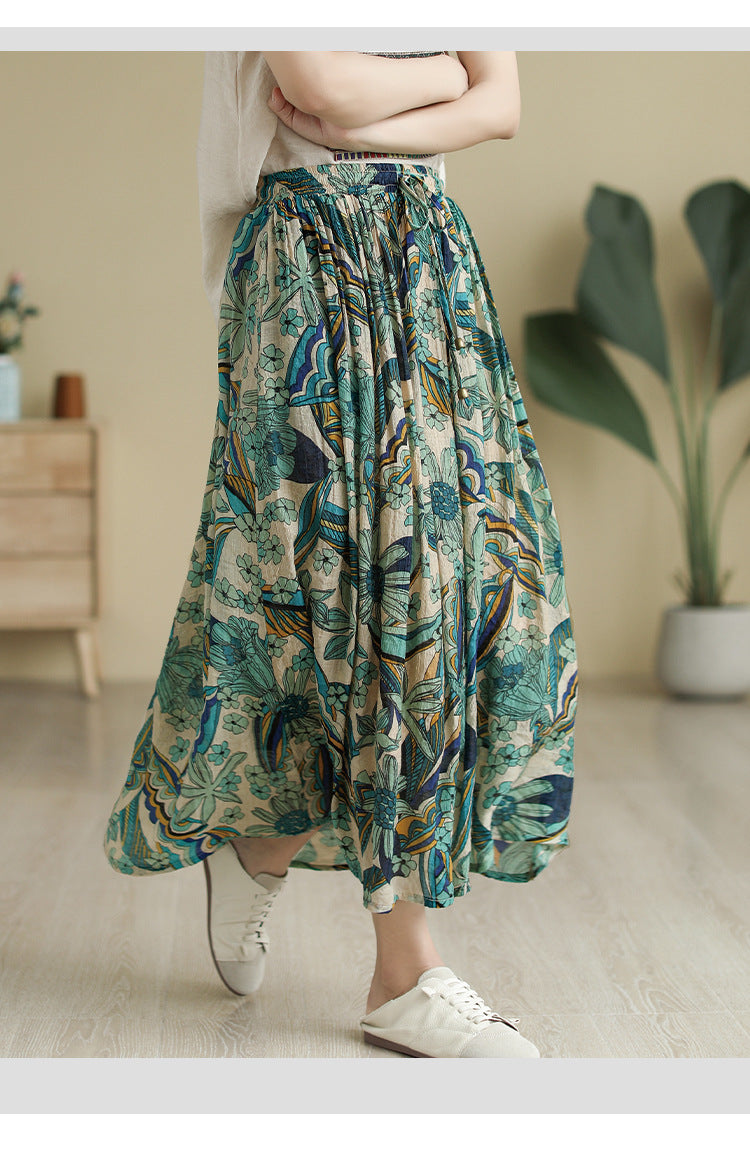 Literary Tencel Linen Print Slim A-line Skirt