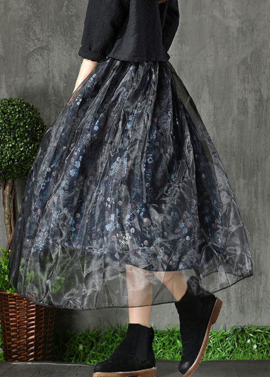 Navy Print Patchwork Fall Organza Skirt