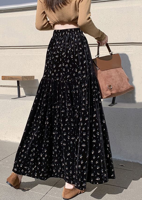 Apricot Print Wrinkled High Waist Velvet Skirts