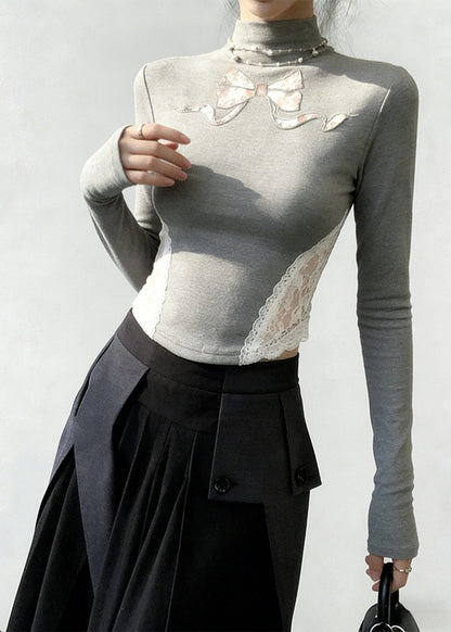 Classy Grey Stand Collar Patchwork Lace Tops Spring
