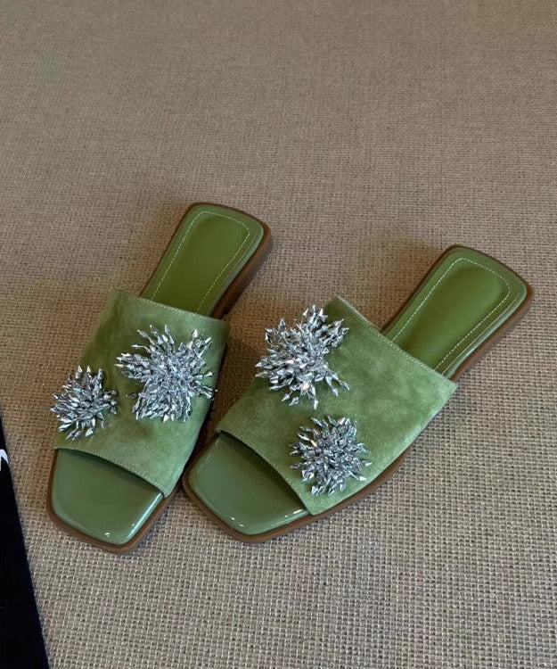 Italian Splicing Green Cowhide Leather Slide Sandals Peep Toe