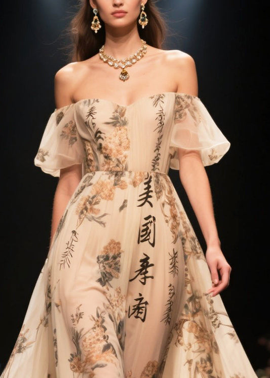 Apricot Ruffled Print Exra Large Hem Chiffon Dress Summer