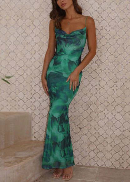Green Backless Print Cotton Spaghetti Strap Dress Sleeveless