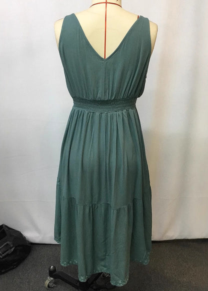 Green Ruffled Patchwork Long Spaghetti Strap Dress Sleeveless