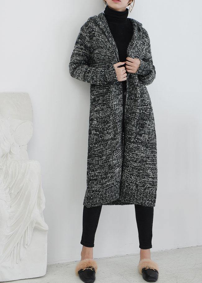 Fall Knitted Coat Gray Hooded Pockets Sweater Coat