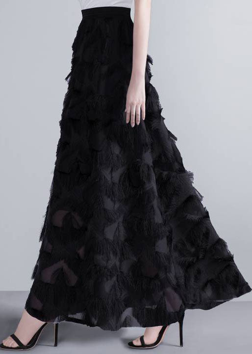 Black Tasseled Patchwork High Waist Chiffon Skirt Spring