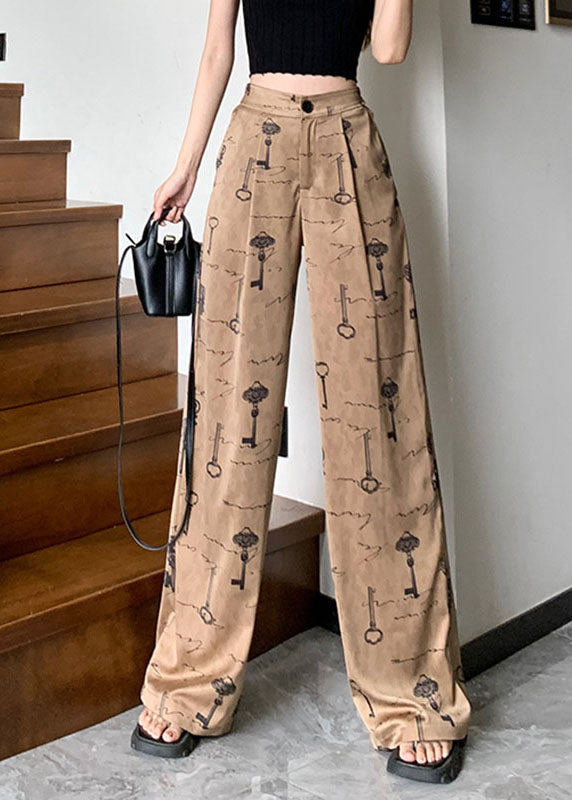 Print Pockets High Waist Satin Wide Leg Pants Spring