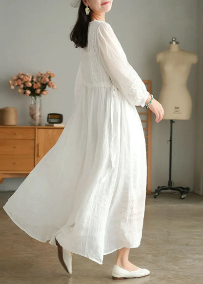 White Wrinkled Embroideried Patchwork Linen Holiday Dress Lantern Sleeve
