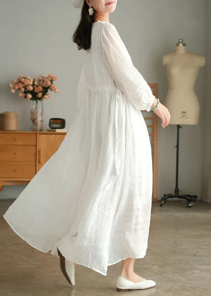 White Wrinkled Embroidered Patchwork Linen Holiday Dress Lantern Sleeve
